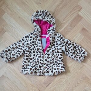 First Impressions Pink and Brown Faux Fur Coat with Hood
